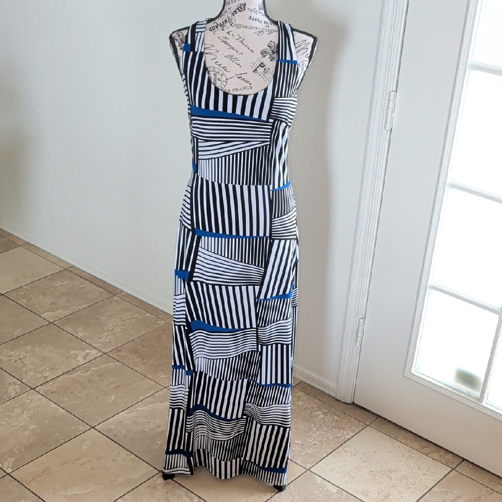 Enfocus Studio Black, White, and Blue Geometric Maxi Dress